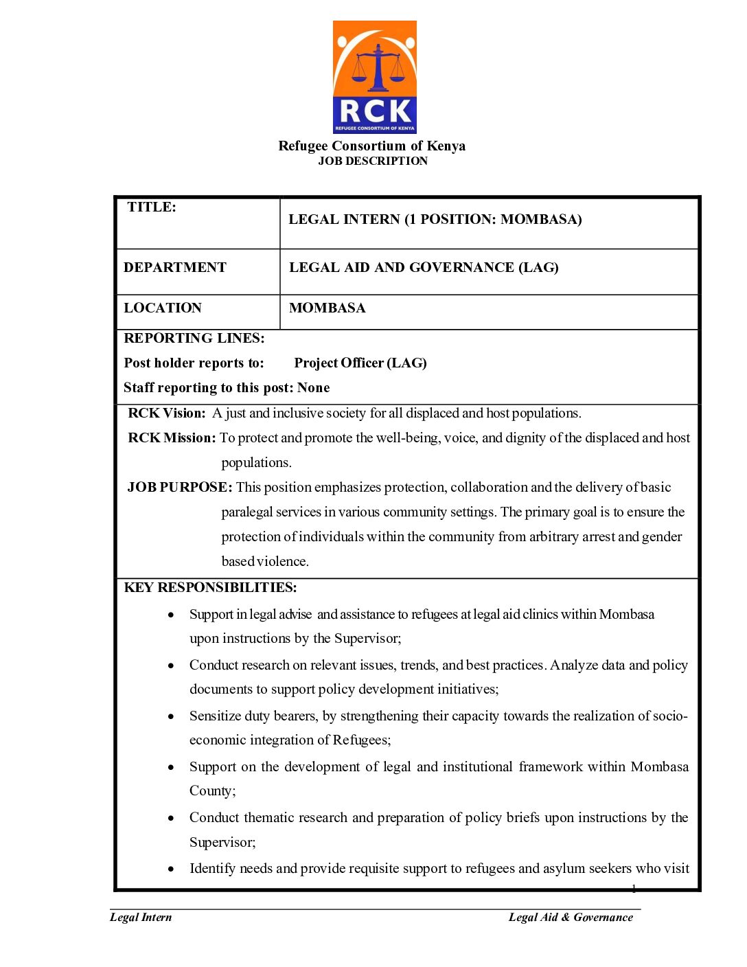 Legal Intern Advert Mombasa 2026 Legal Intern Position – Legal Aid & Governance Department | Mombasa