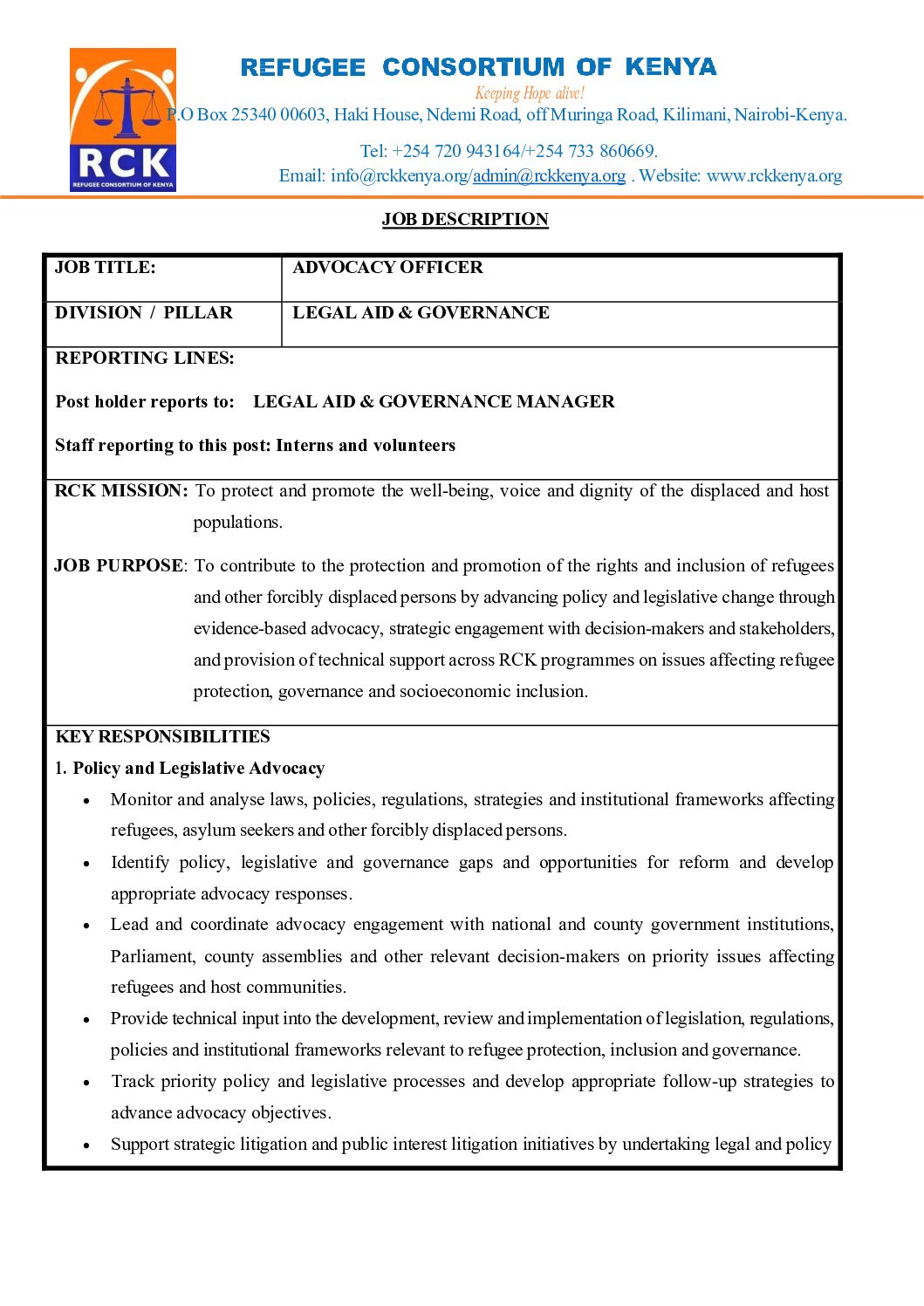 ADVOCACY OFFICER POSITION – LEGAL AID AND GOVERNANCE PILLAR | NAIROBI